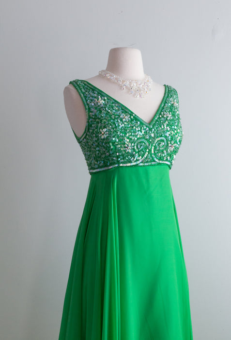 Stunning 1960's Silk Chiffon Lime Green Evening Gown / Medium