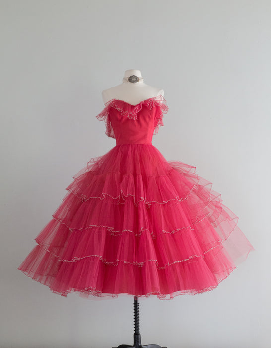 Fabulous 1950's Strawberry Shortcake Tulle Party Dress / Small