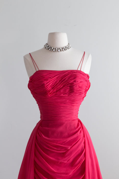 Iconic 1950's Ceil Chapman Berry Pink Silk Chiffon Cocktail Dress / XS