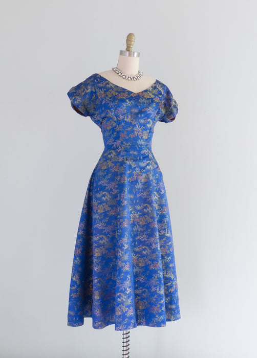 Stunning 1950's Sapphire Blue Chinese Silk Cocktail Dress / Small