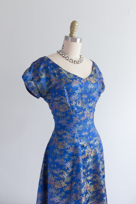 Stunning 1950's Sapphire Blue Chinese Silk Cocktail Dress / Small