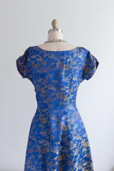 Stunning 1950's Sapphire Blue Chinese Silk Cocktail Dress / Small