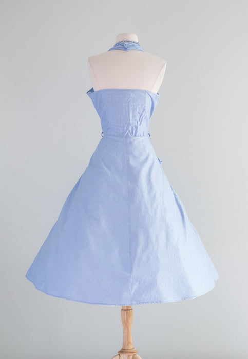 Late 1940's French Blue Cotton Halter Dress By Paulette Originals / Large