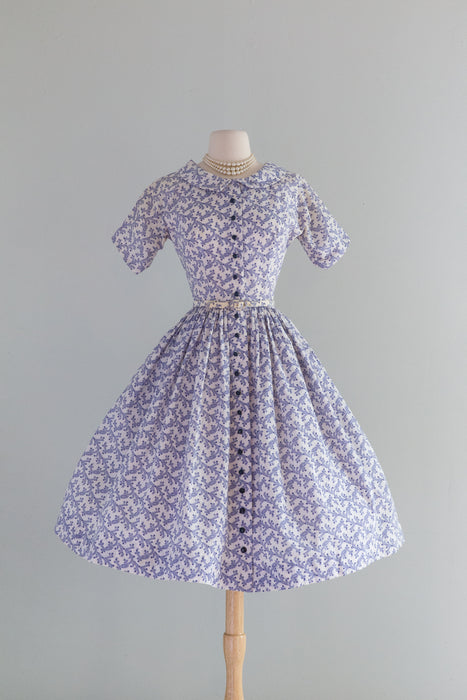 Lovely 1950's Delft Blue Floral Print Cotton Dress By Lanz / Small