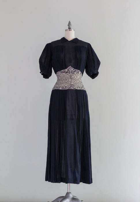 Exquisite 1930's Navy Blue Pleated Silk Chiffon Occasion Dress / ML