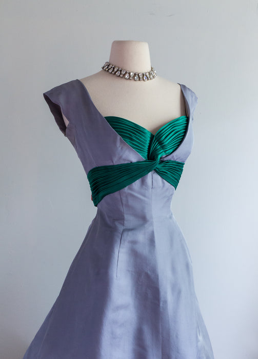 Elegant 1950's Cocktail Dress In Pewter & Emerald Silk By Rudolf / SM