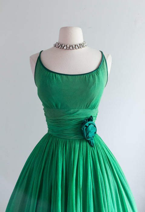 Classic 1960's Kelly Green Chiffon Party Dress By Gay Gibson / Small