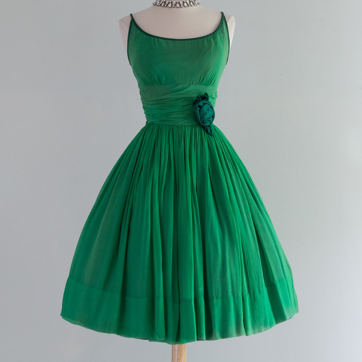 green emerald velvet dress 1960s Bright Green Floral Appliqué Shift Dress, Sz. M