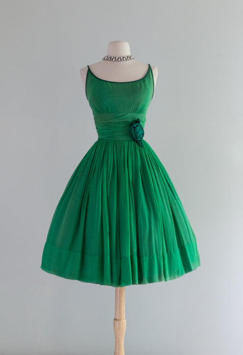 Classic 1960's Kelly Green Chiffon Party Dress By Gay Gibson / Small Classic 1960's Kelly Green Chiffon Party Dress By Gay Gibson / Small