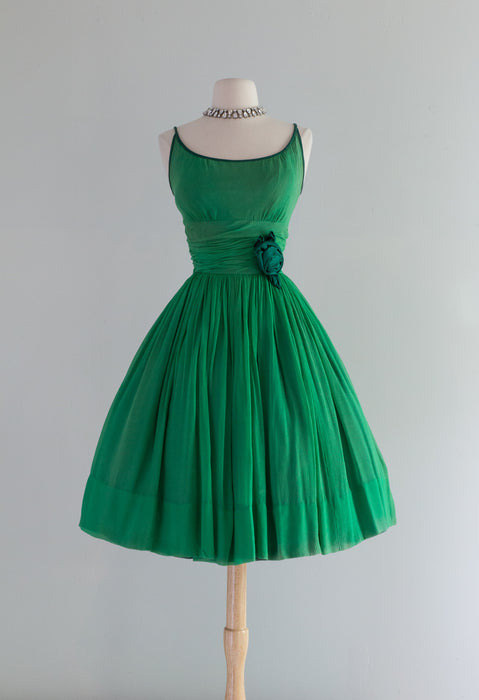 Classic 1960's Kelly Green Chiffon Party Dress By Gay Gibson / Small