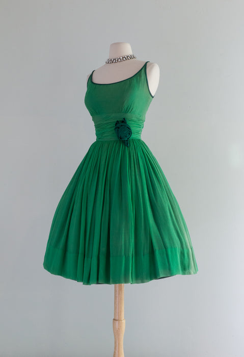 Classic 1960's Kelly Green Chiffon Party Dress By Gay Gibson / Small Classic 1960's Kelly Green Chiffon Party Dress By Gay Gibson / Small