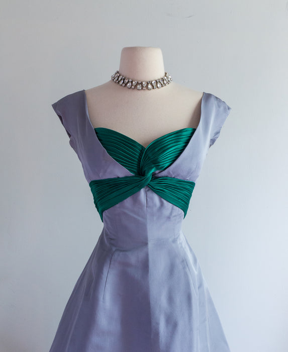 Elegant 1950's Cocktail Dress In Pewter & Emerald Silk By Rudolf / SM