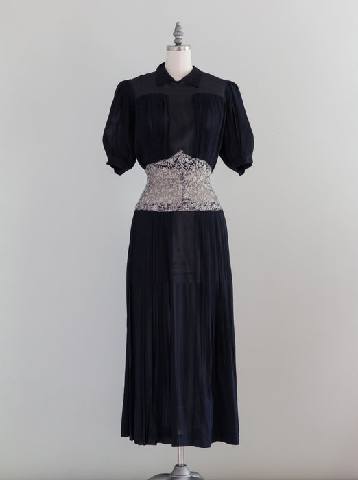 Exquisite 1930's Navy Blue Pleated Silk Chiffon Occasion Dress / ML