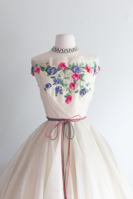 Exquisite 1950's Ivory Silk Organza Party Dress With Floral Appliques / Small