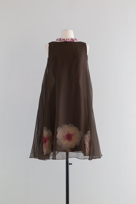 Fabulous 1960's Chocolate Chiffon Trapeze Dress With Huge Floral Appliqués / Medium