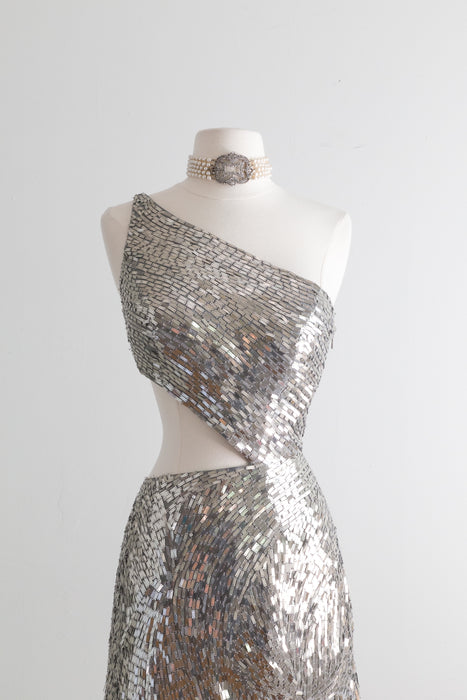 Vintage 1990's TINA Sequined Silver Mini Dress / Small