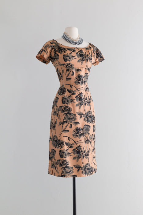 Elegant 1950's Caramel Silk Rose Print Wiggle Dress / Medium