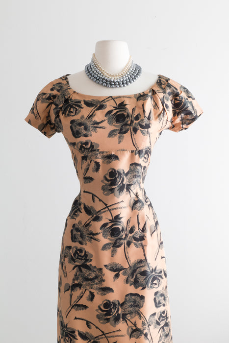 silk wiggle dress Vibrant Floral Printed Parchment Dupioni Silk Wiggle Dress, Circa 1950s portmanteau New york