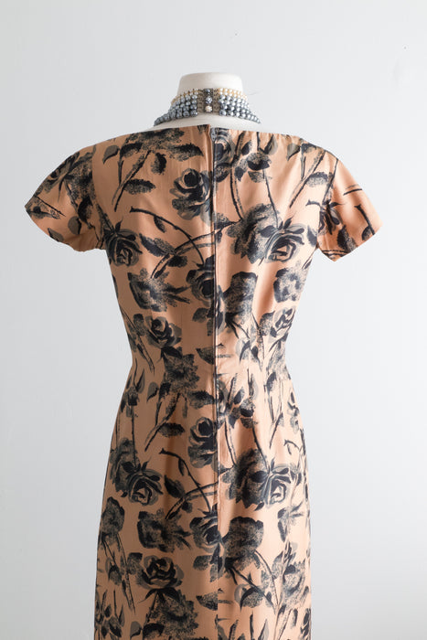 Elegant 1950's Caramel Silk Rose Print Wiggle Dress / Medium