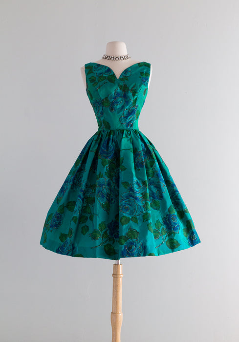 Late 1950's Emerald Sparkling Rose Print Iridescent Party Dress / Small