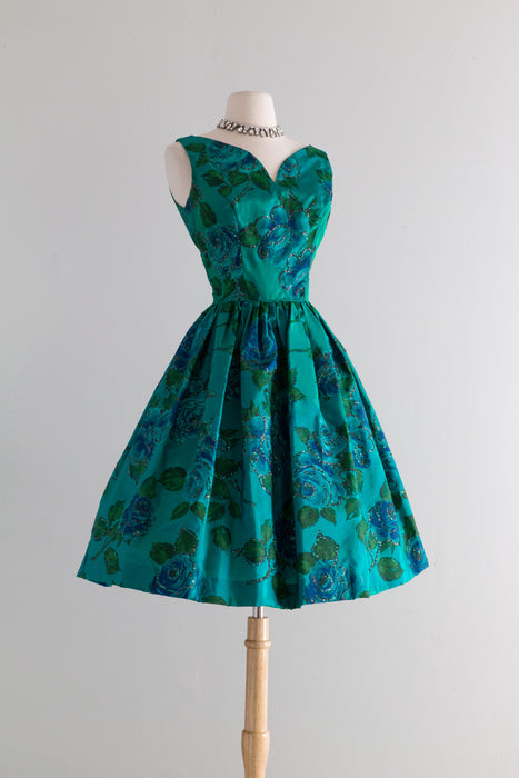 Late 1950's Emerald Sparkling Rose Print Iridescent Party Dress / Small