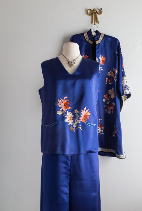 Exquisite 1920's Sapphire Blue Chinese Embroidered Three Piece Set / ML