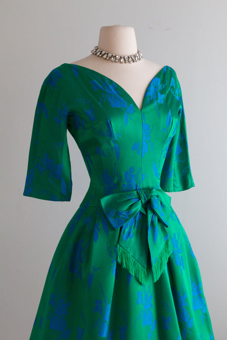 Divine Late 1950's Emerald Green Brocade Party Dress / Small