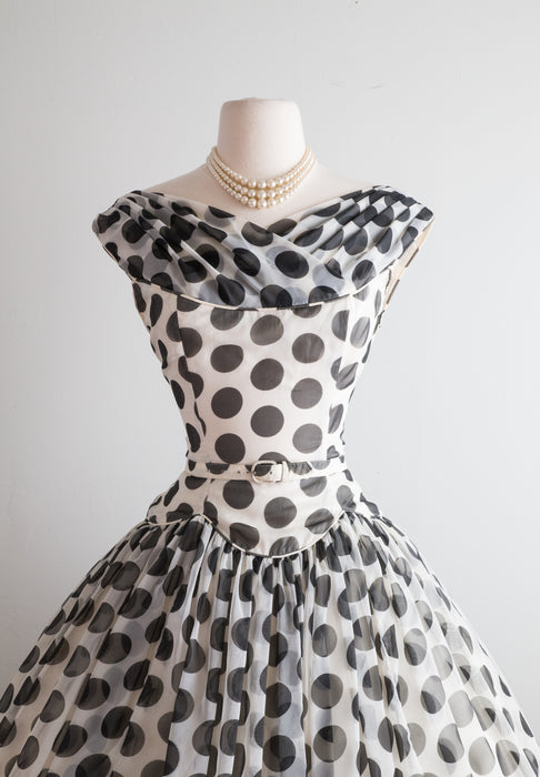 Iconic 1950's Black & White Polka Dot Chiffon Party Dress / Small