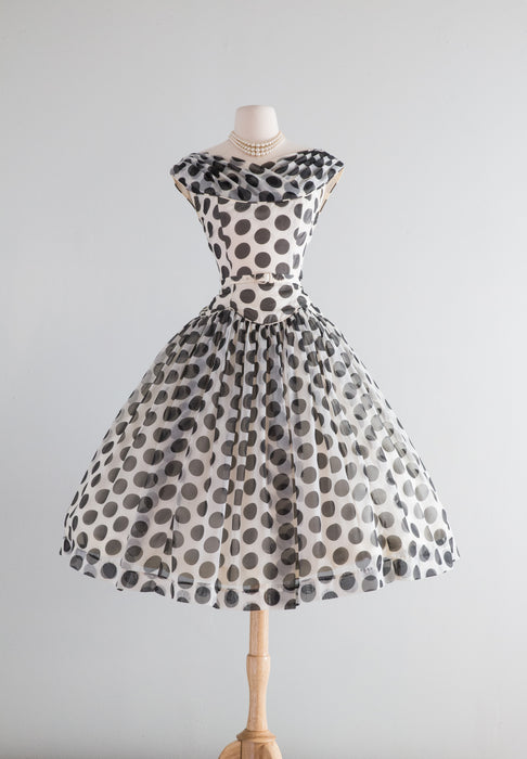 Iconic 1950's Black & White Polka Dot Chiffon Party Dress / Small