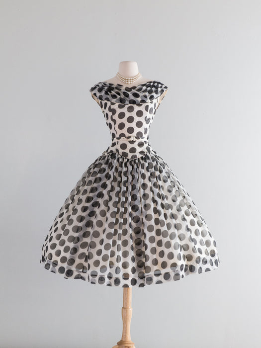 Iconic 1950's Black & White Polka Dot Chiffon Party Dress / Small