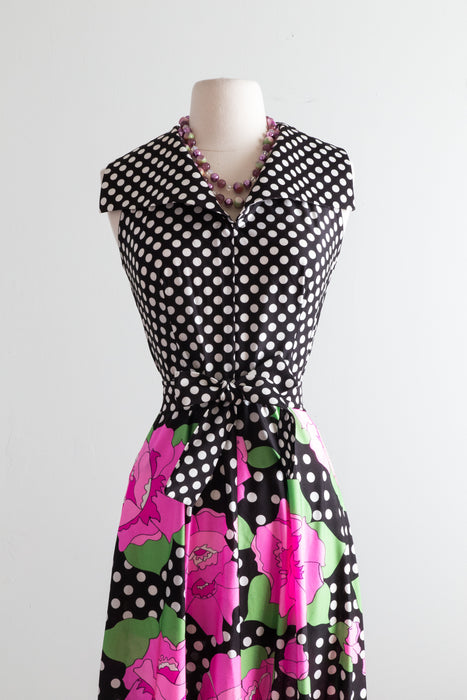 Fabulous 1970's Polka Dot Maxi Dress With Matching Jacket and Sash / XS