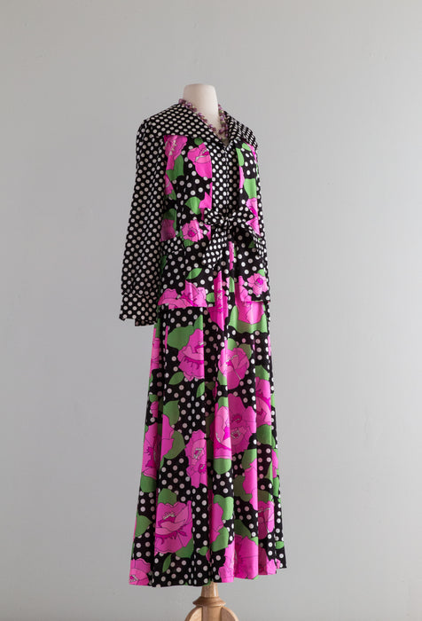 Fabulous 1970's Polka Dot Maxi Dress With Matching Jacket and Sash / XS