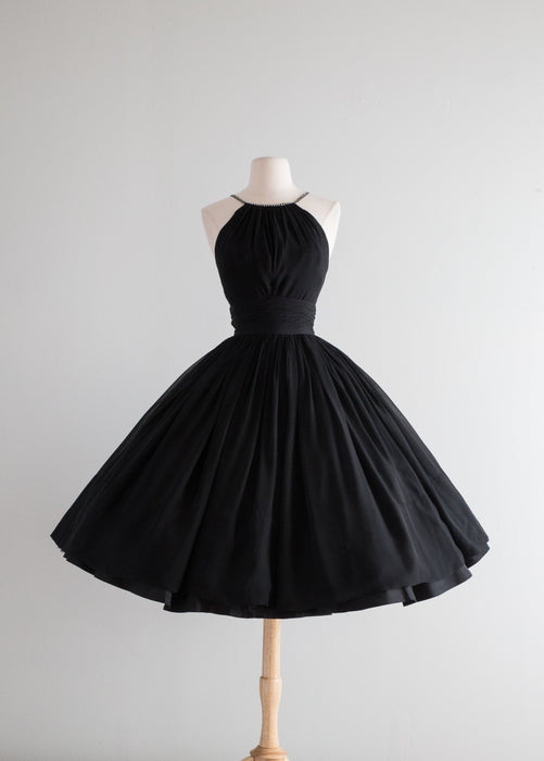 Classic 1950's Black Silk Chiffon Cocktail Dress By Jonny Herbert / Small