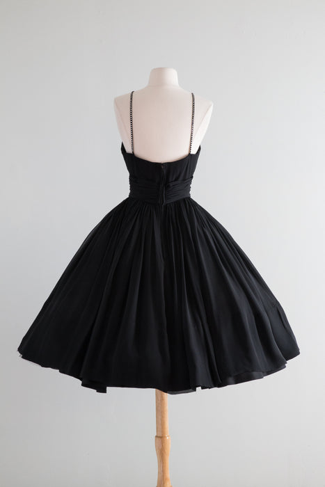 Classic 1950's Black Silk Chiffon Cocktail Dress By Jonny Herbert / Small