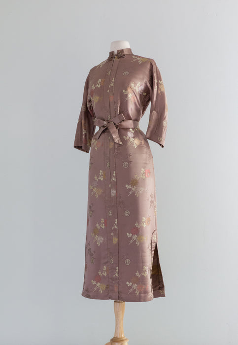 Elegant 1950's Chinese Silk Hostess Dress By Dynasty in Rosewood / Medium