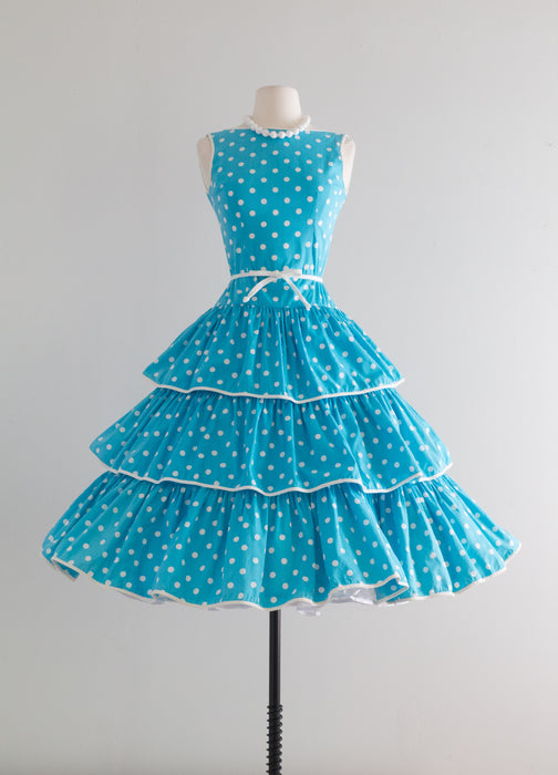 Fabulous 1950's Turquoise Polka Dot Cotton Summer Dress / Small