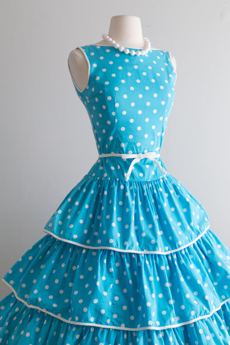 Fabulous 1950's Turquoise Polka Dot Cotton Summer Dress / Small