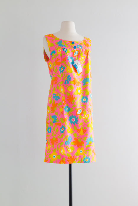 Flower Power 1960's Pink Cotton MOD NOS Shift Dress / ML