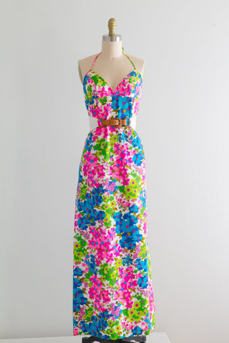 Sexy 1960's Acid Floral Cotton Halter Dress By Miss Pat / Small