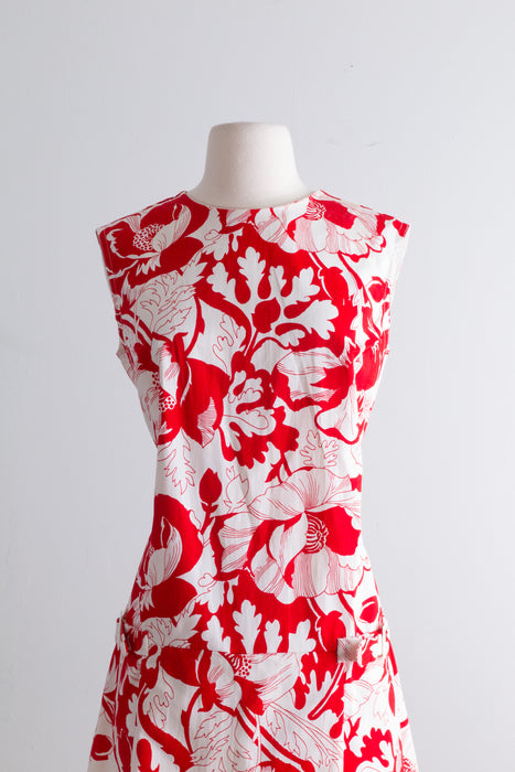 Fabulous 1960's MOD Cotton Romper Red and White Floral Print / Medium