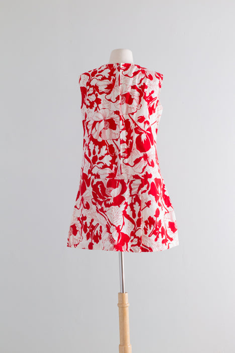 Fabulous 1960's MOD Cotton Romper Red and White Floral Print / Medium