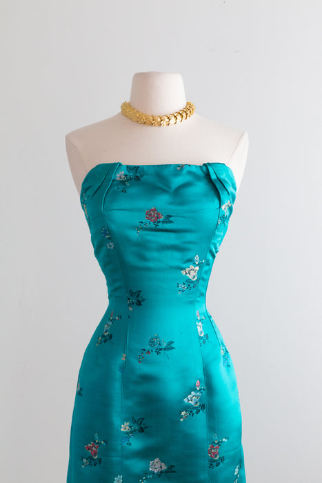 Vintage 1950's Chinese Silk Strapless Cocktail Dress / Small