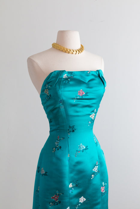 Vintage 1950's Chinese Silk Strapless Cocktail Dress / Small