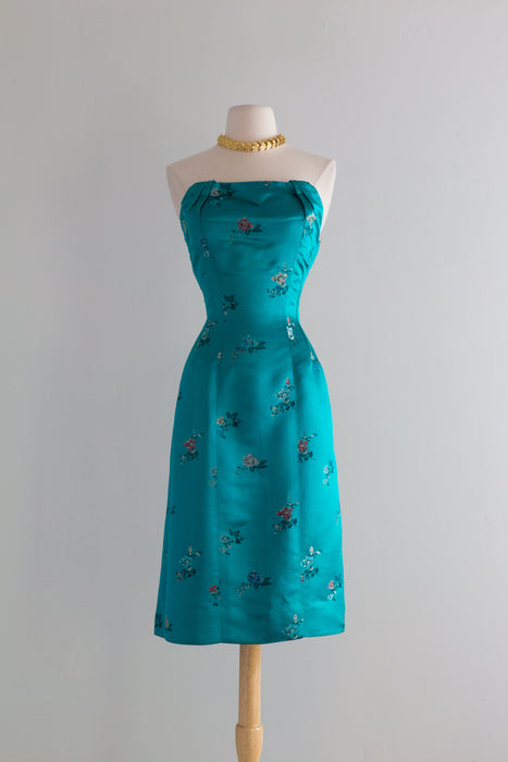 Vintage 1950's Chinese Silk Strapless Cocktail Dress / Small