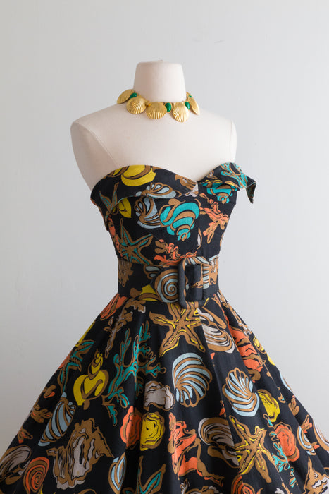 Fabulous 1950's Sea Shell Novelty Print Dress Set By Junior Belle / XS