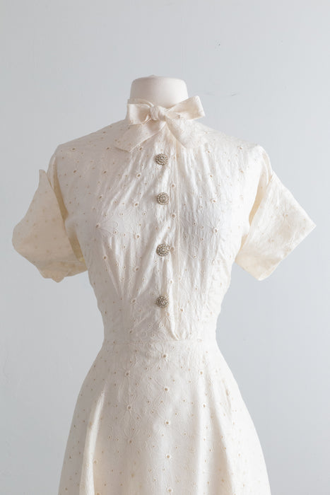 Beautiful Early 1950's Ivory Silk Eyelet Party Dress / Medium