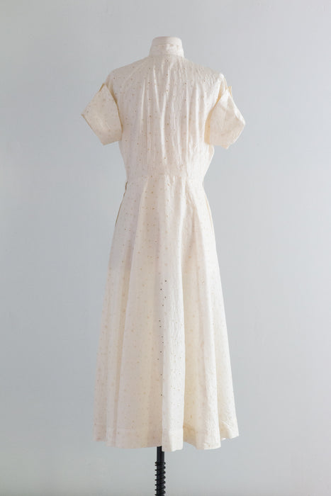Beautiful Early 1950's Ivory Silk Eyelet Party Dress / Medium