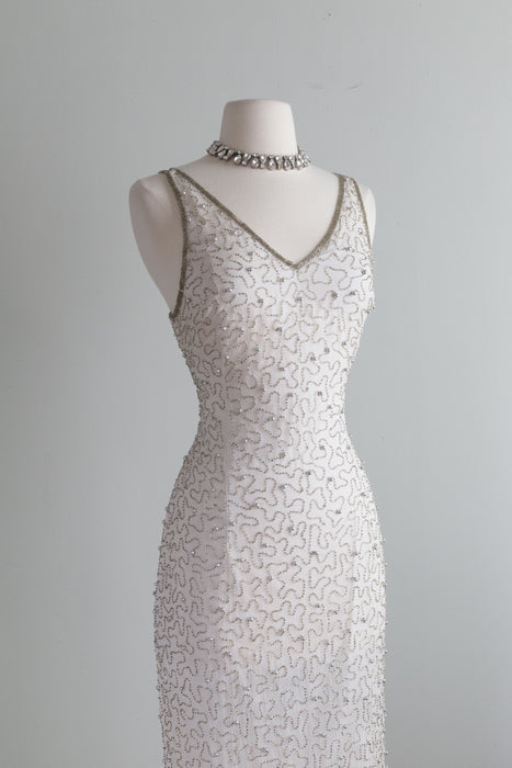 Stunning 1980's Vintage Ivory Silk Beaded Evening Gown / Medium