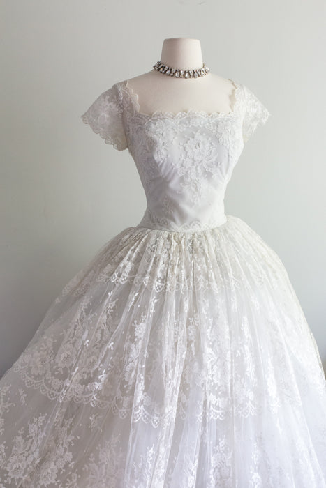 Spectacular 1950's Chantilly Lace Wedding Gown Lined in Pale Blue By Cahill / Medium