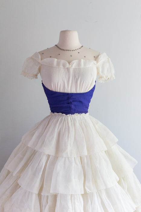 Darling 1950's Ivory Organdy Tiered Party Dress W/ Sash / Small